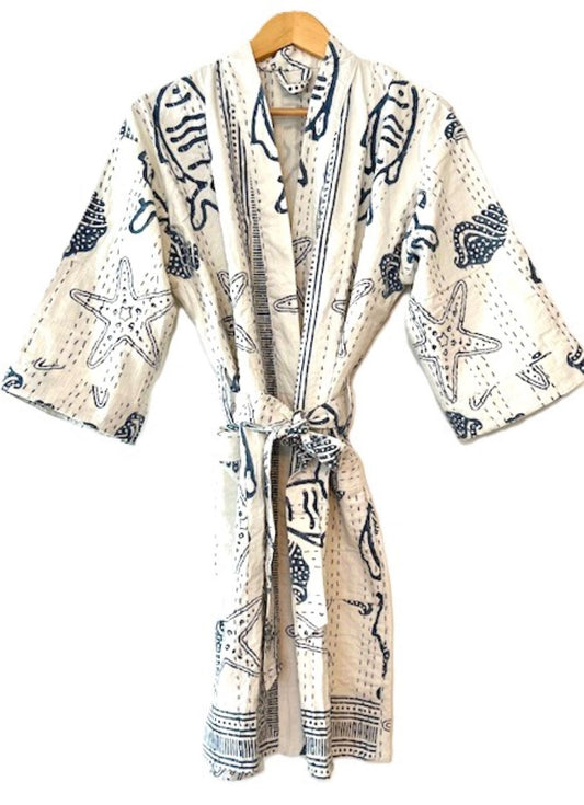 Seaside Block Print Cotton Kimono With Kantha Quilting.  (White and Navy)