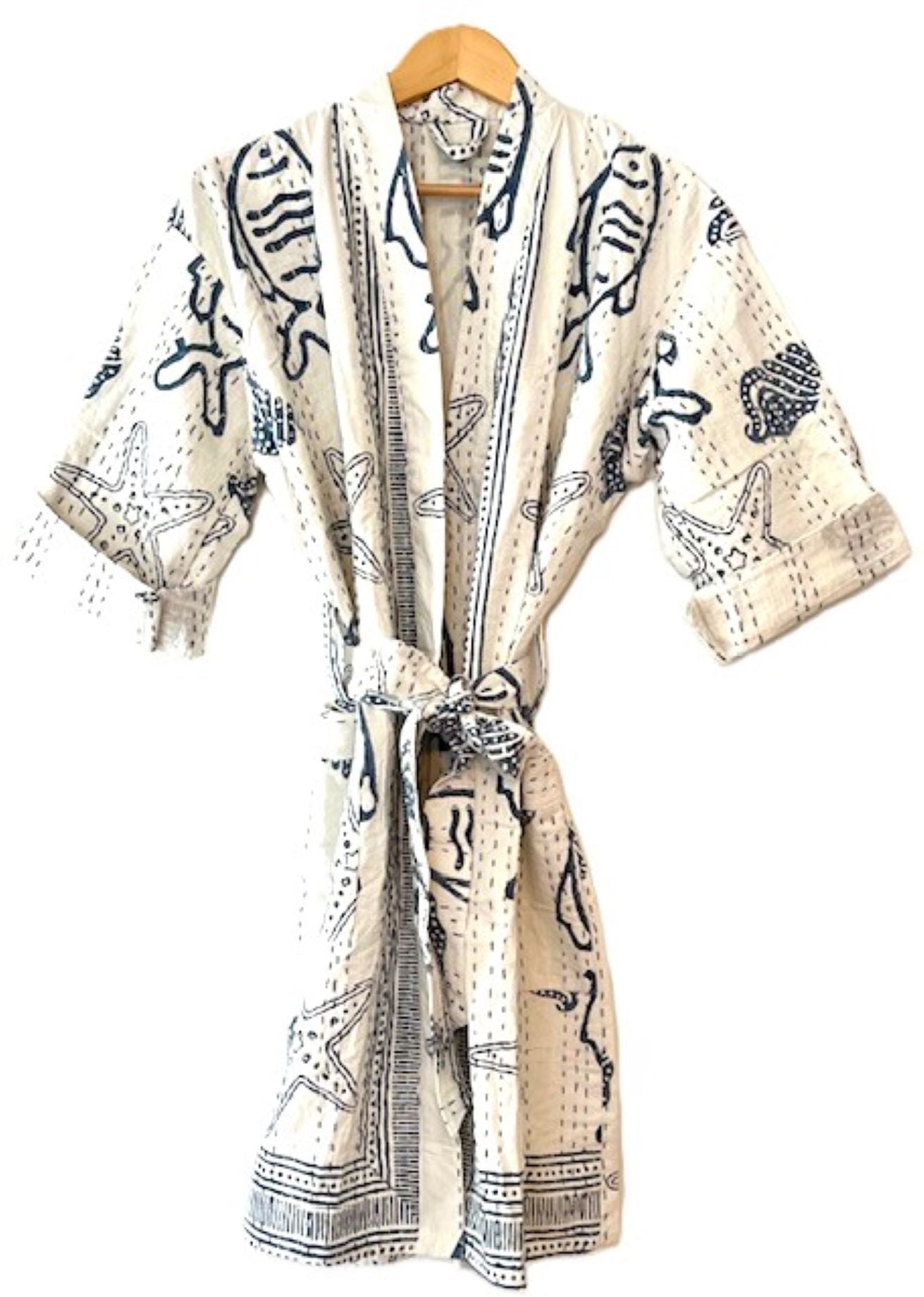 Seaside Block Print Cotton Kimono With Kantha Quilting.  (White and Navy)