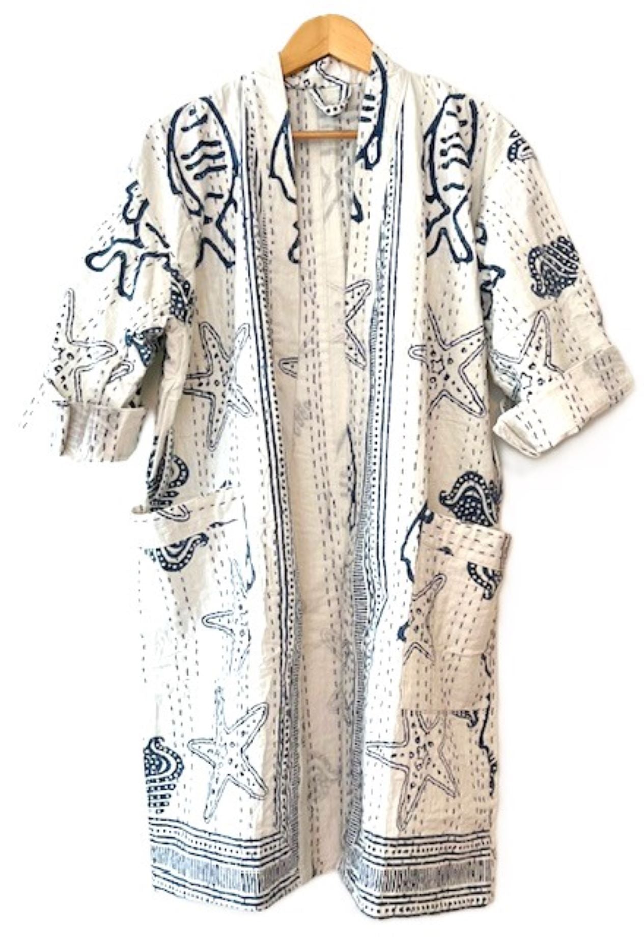 Seaside Block Print Cotton Kimono With Kantha Quilting.  (White and Navy)