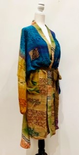 Top of the Line Silk Kimono Duster,  Rich Mixed Print (Royal)