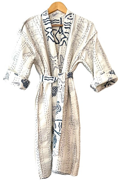 Seaside Block Print Cotton Kimono With Kantha Quilting.  (White and Navy)