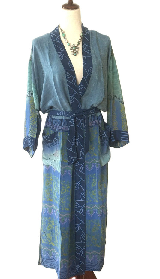 Luxurious and Complex Print Silk Kimono Duster (Blue).