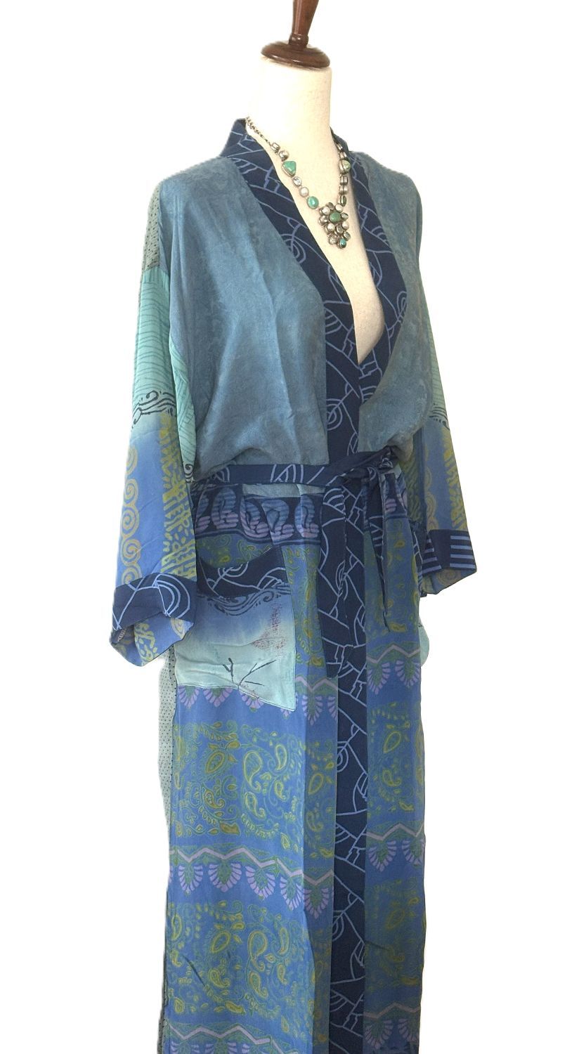 Luxurious and Complex Print Silk Kimono Duster (Blue).