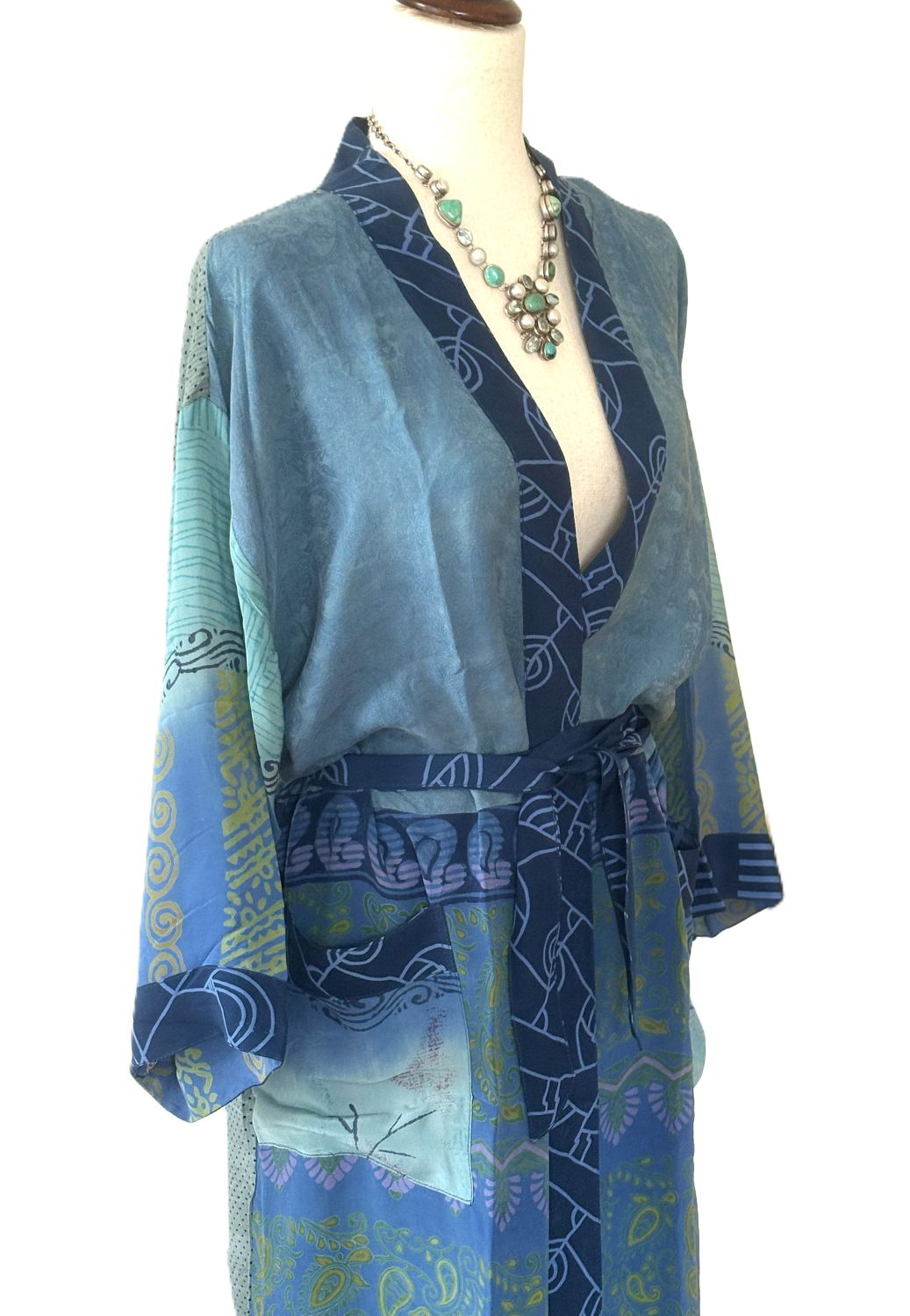 Luxurious and Complex Print Silk Kimono Duster (Blue).