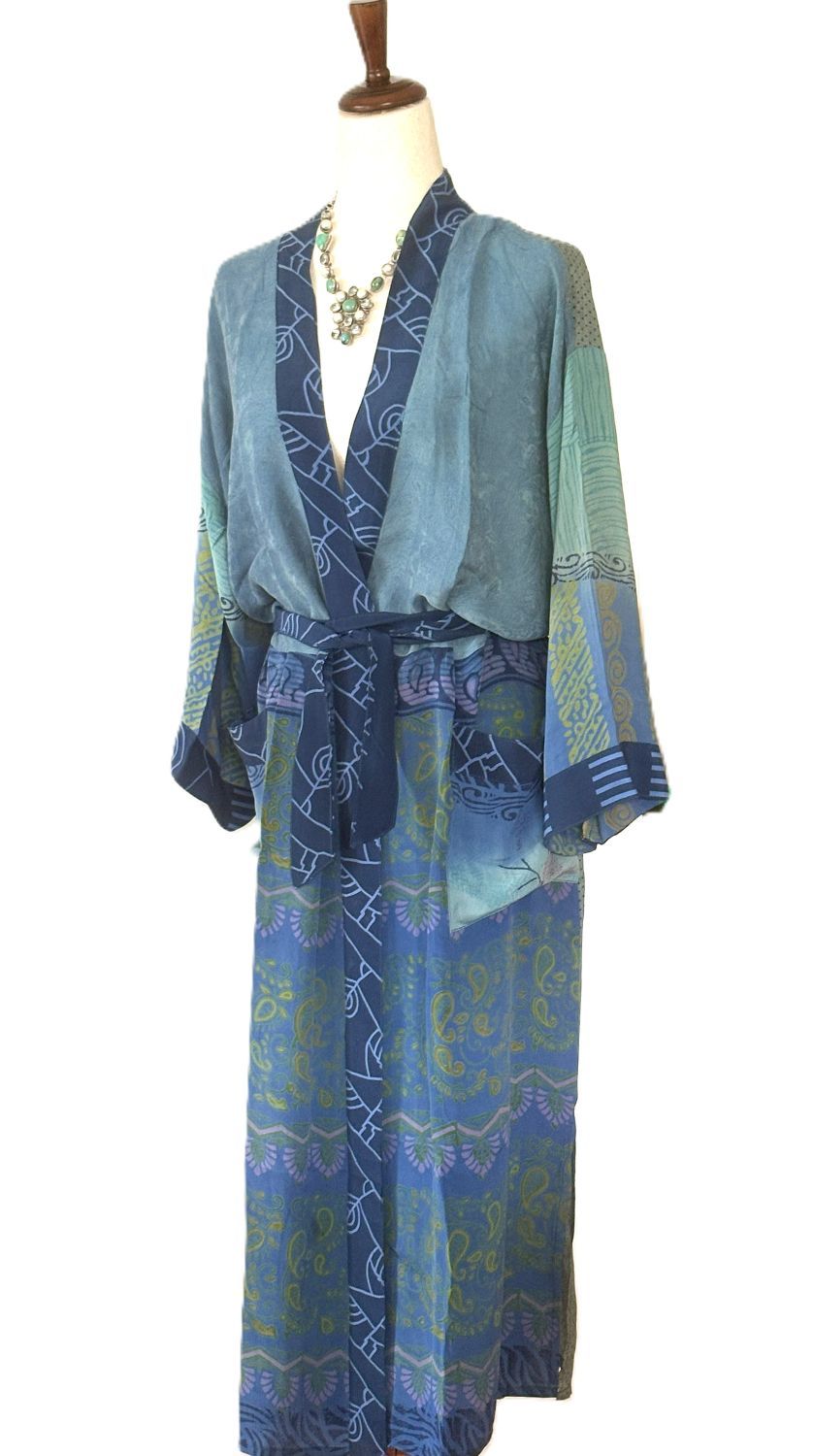 Luxurious and Complex Print Silk Kimono Duster (Blue).