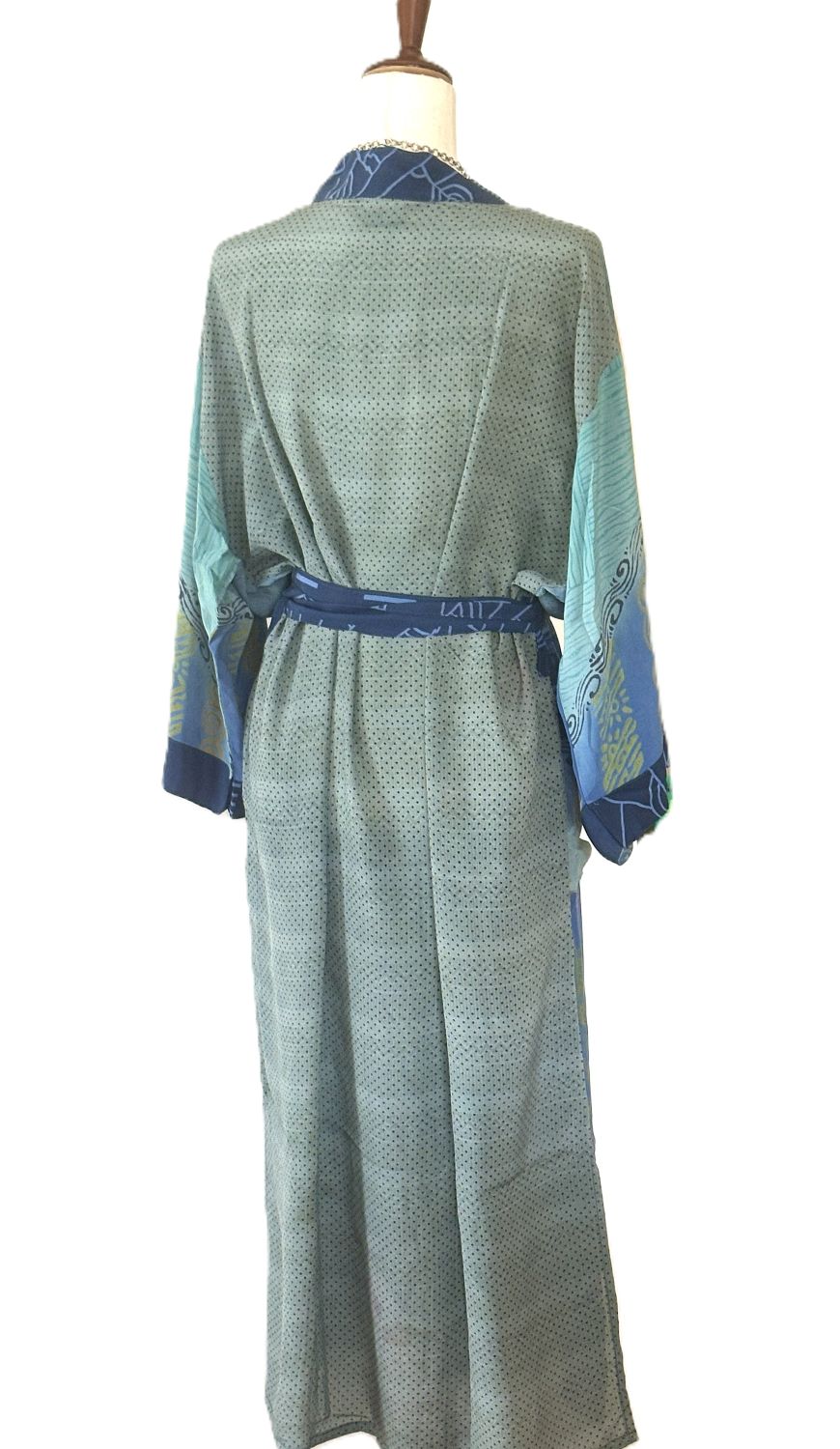 Luxurious and Complex Print Silk Kimono Duster (Blue).