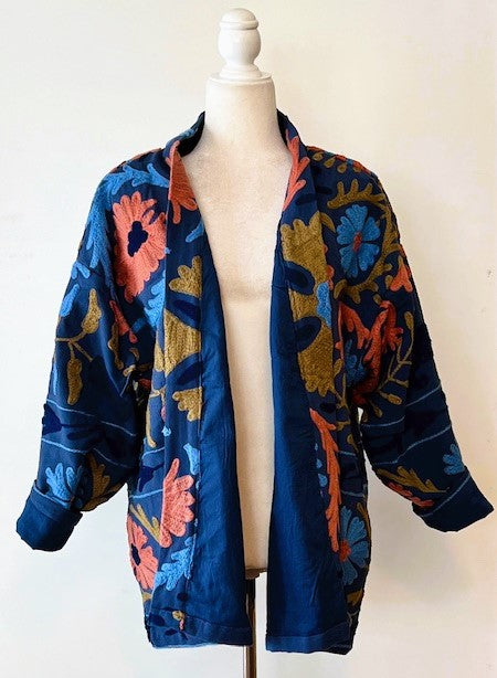 Stunning Suzani Kantha Quilt Short Jacket Is Colorful  (Royal)