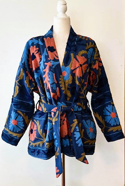 Stunning Suzani Kantha Quilt Short Jacket Is Colorful  (Royal)