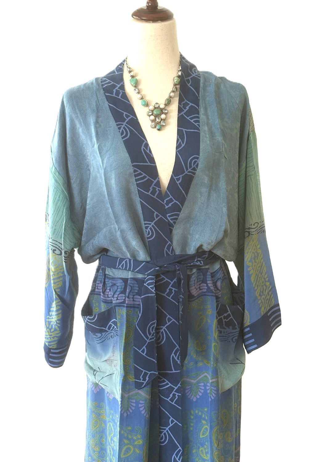 Luxurious and Complex Print Silk Kimono Duster (Blue).