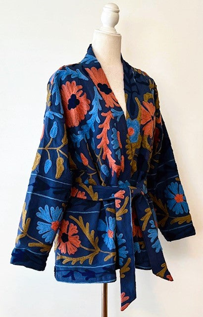 Stunning Suzani Kantha Quilt Short Jacket Is Colorful  (Royal)