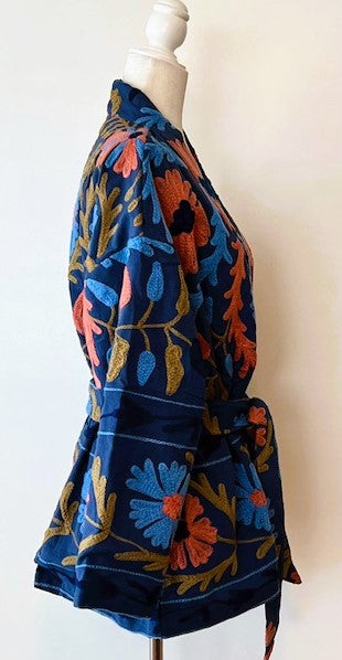 Stunning Suzani Kantha Quilt Short Jacket Is Colorful  (Royal)