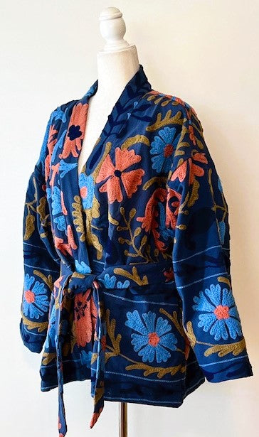 Stunning Suzani Kantha Quilt Short Jacket Is Colorful  (Royal)