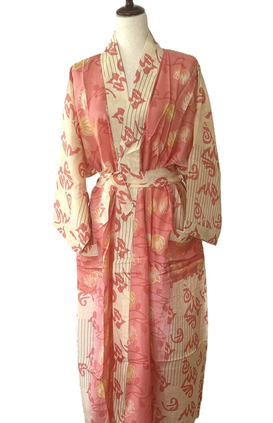 Long Silk Kimono Duster, Elegant Complex Mixed Print And Elegant (Pink)