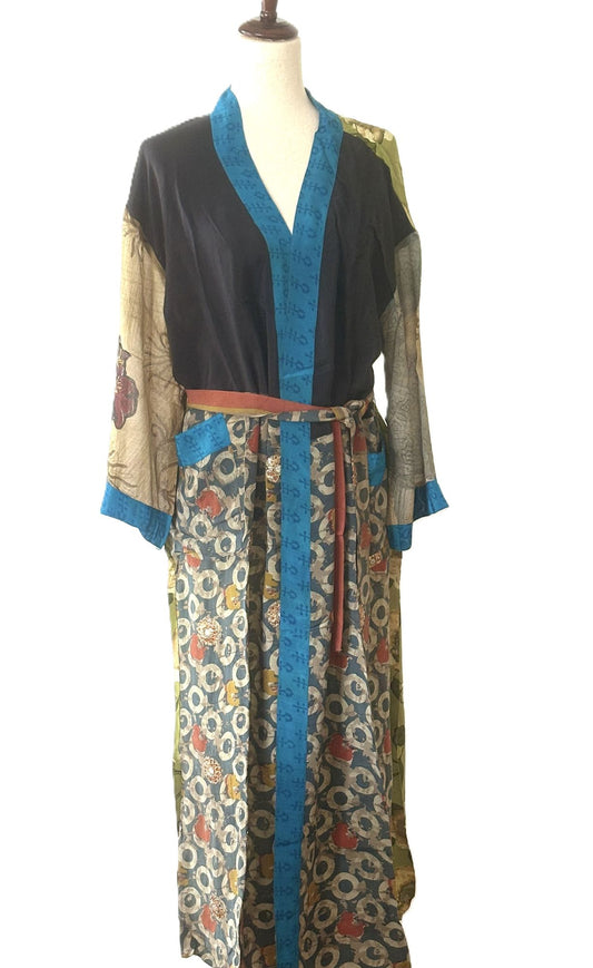Long Silk Kimono Duster, Elegant Complex Mixed Print And Elegant (Navy)