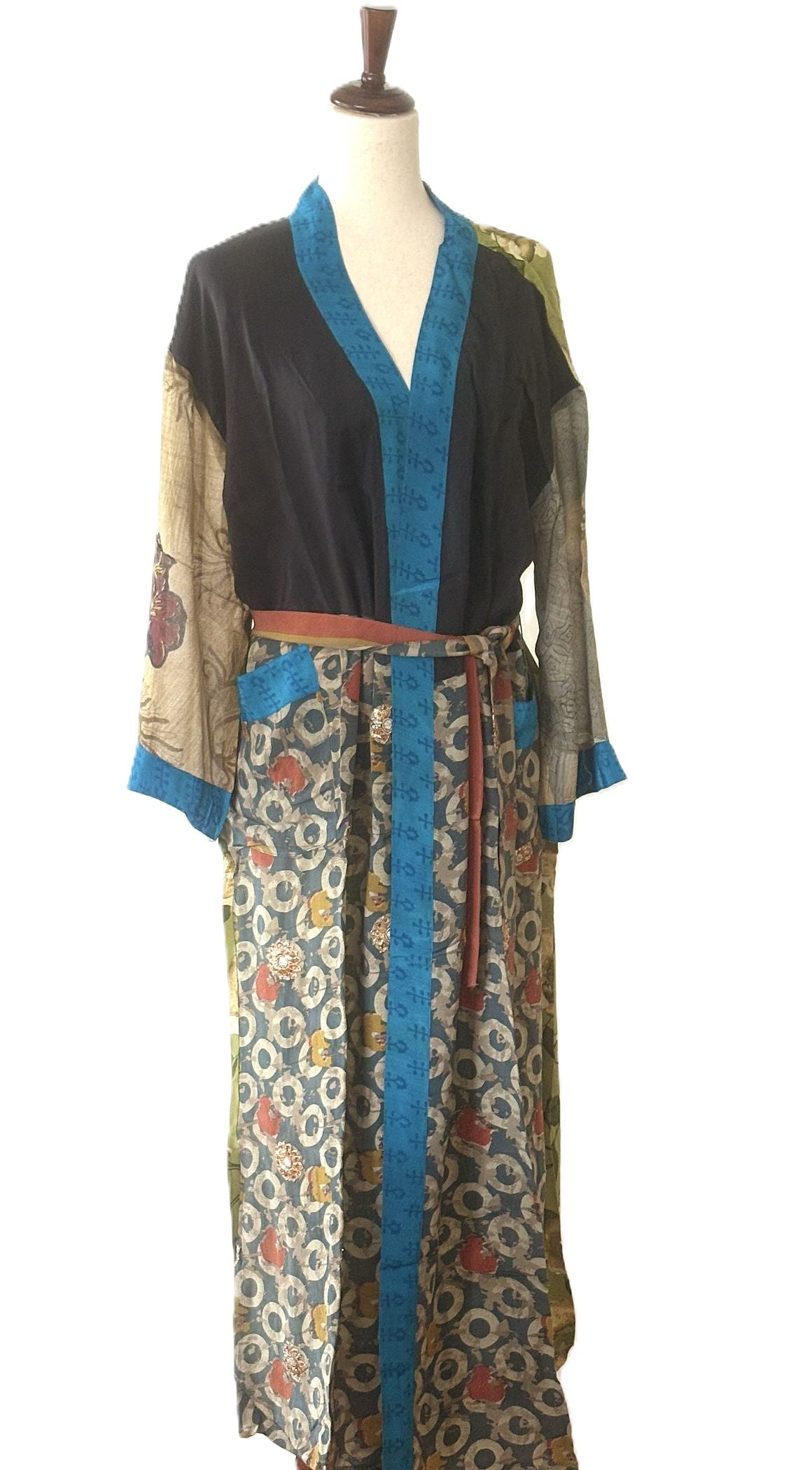 Long Silk Kimono Duster, Elegant Complex Mixed Print And Elegant (Navy)