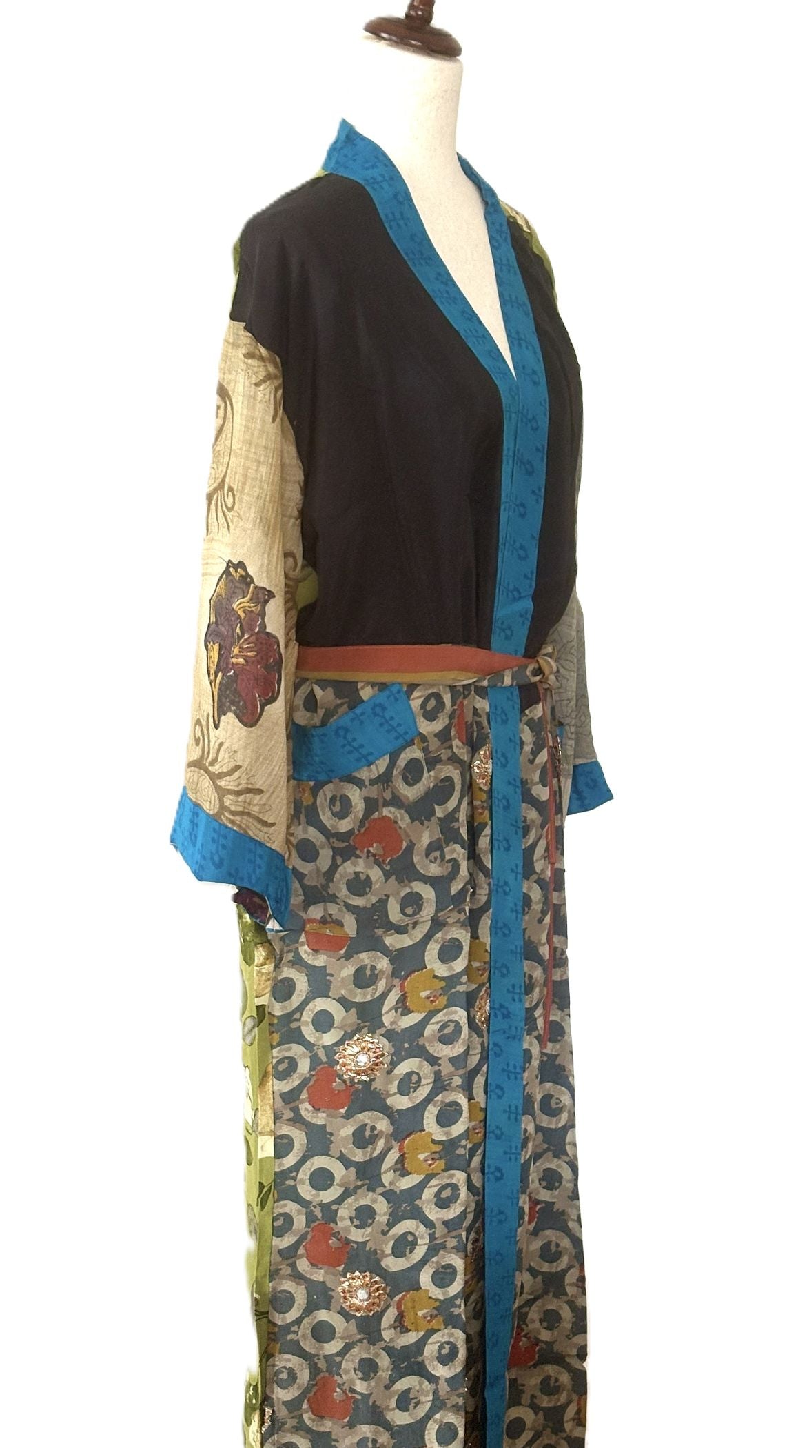 Long Silk Kimono Duster, Elegant Complex Mixed Print And Elegant (Navy)