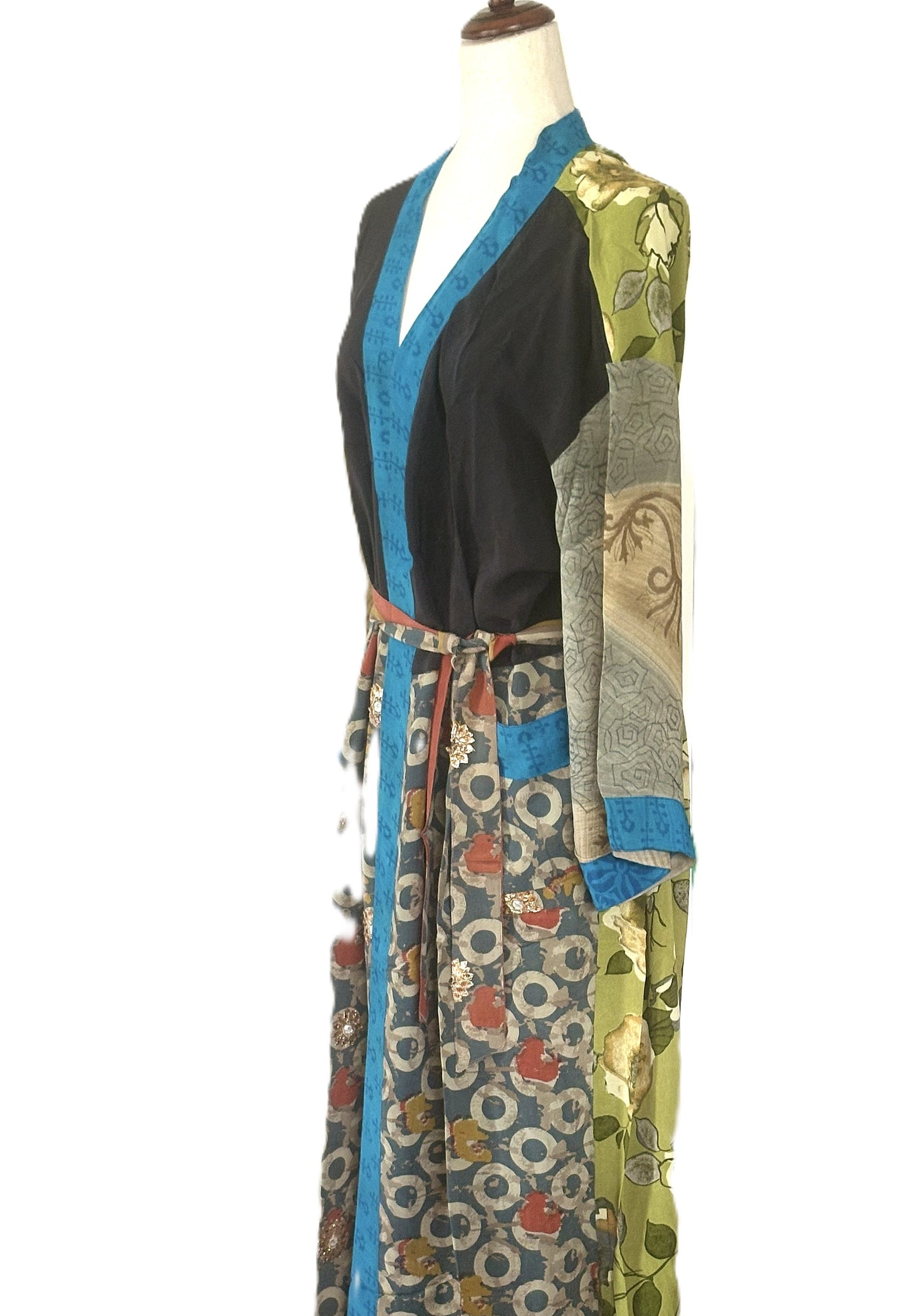 Long Silk Kimono Duster, Elegant Complex Mixed Print And Elegant (Navy)