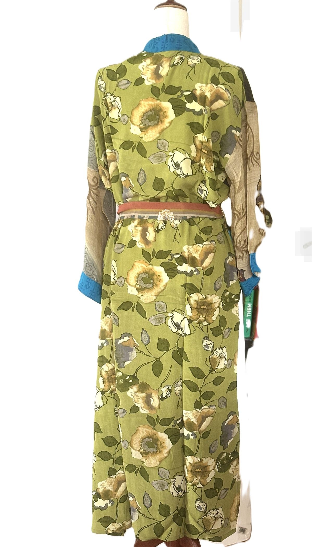 Long Silk Kimono Duster, Elegant Complex Mixed Print And Elegant (Navy)
