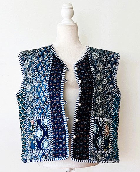 Designer Handmade Patchwork Vest In Navy. Fully Reversible Stripe.