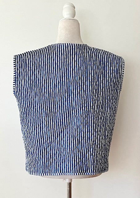 Designer Handmade Patchwork Vest In Navy. Fully Reversible Stripe.