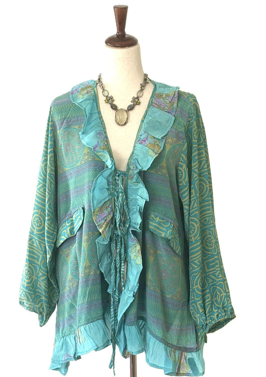 Kantha Bae Crepe Sari Ruffle Daisy Blouse (Aqua Mint).