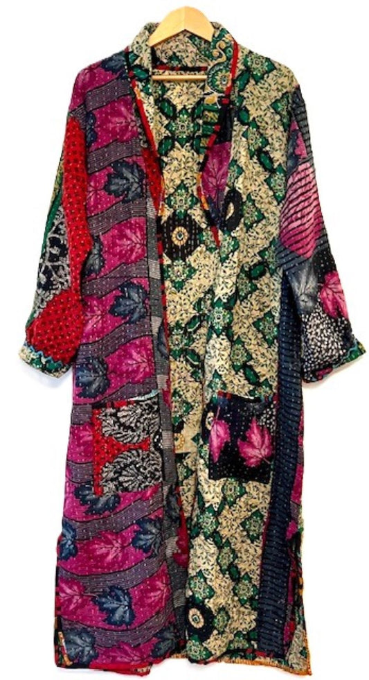 Handmade Long Kantha Coat Is Slim, Tailored and Fully Reversible.