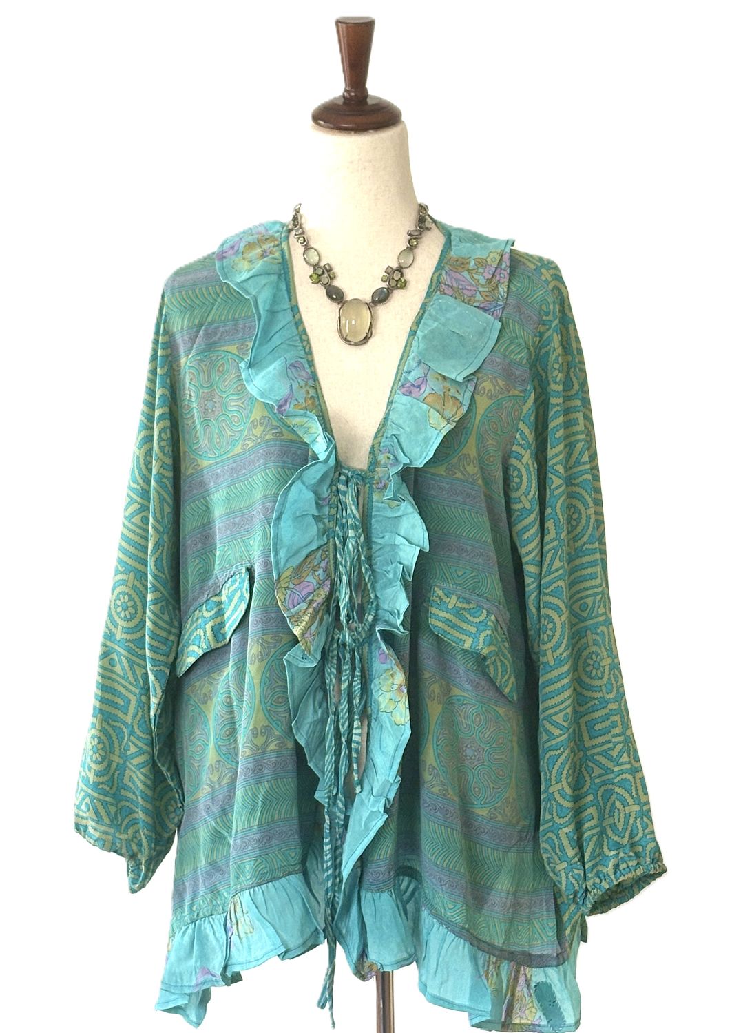 Kantha Bae Crepe Sari Ruffle Daisy Blouse (Aqua Mint).
