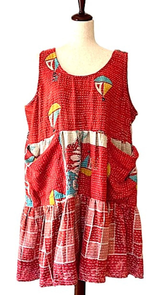 Kantha Bae Quilted Meadow Mini Dress. Comfortable Chic (Red Orange)