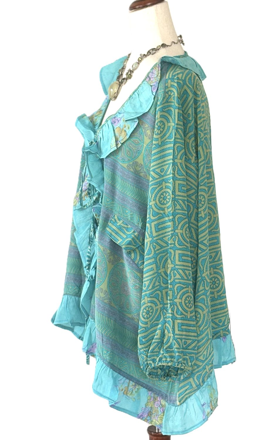 Kantha Bae Crepe Sari Ruffle Daisy Blouse (Aqua Mint).