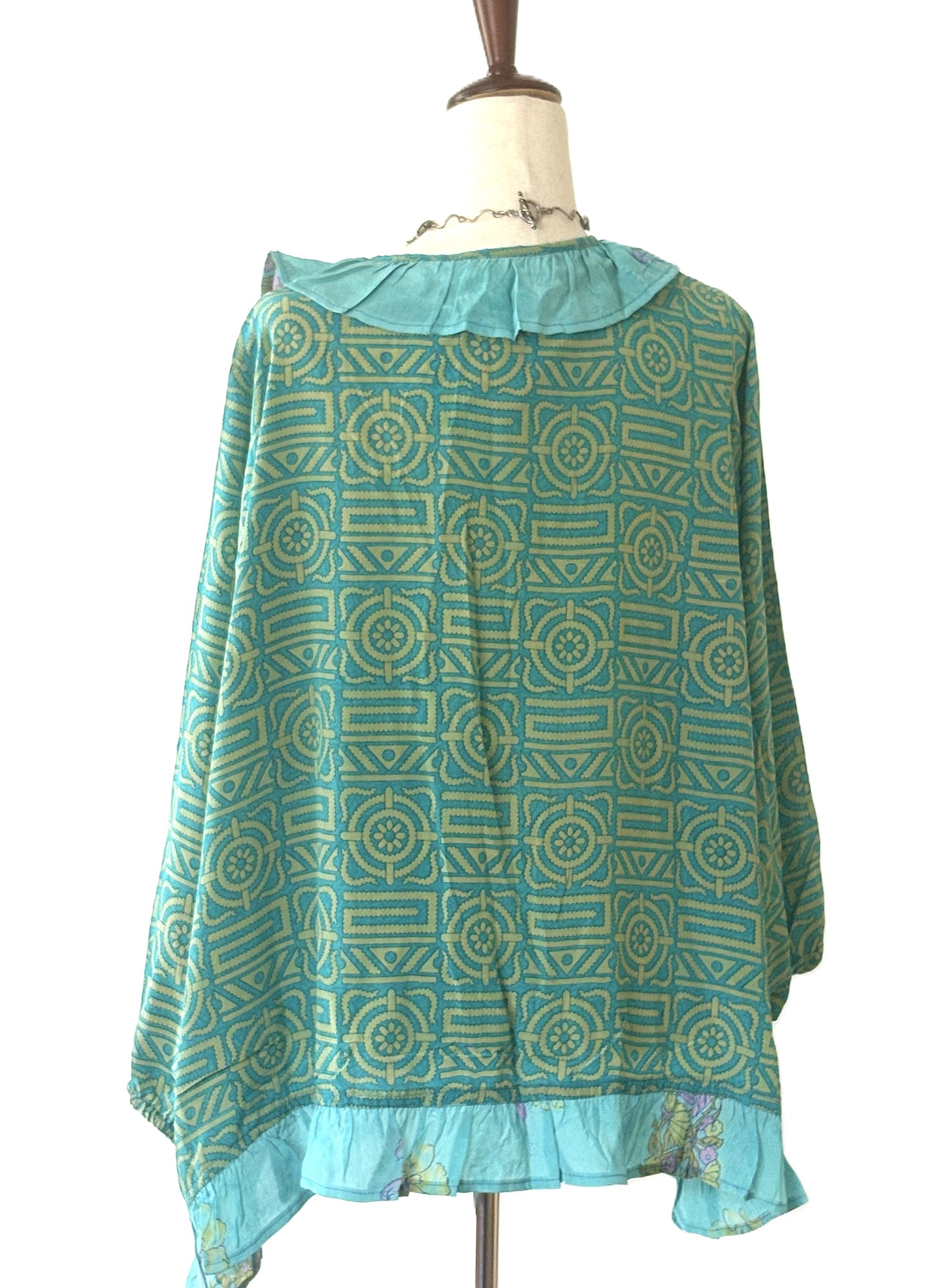 Kantha Bae Crepe Sari Ruffle Daisy Blouse (Aqua Mint).
