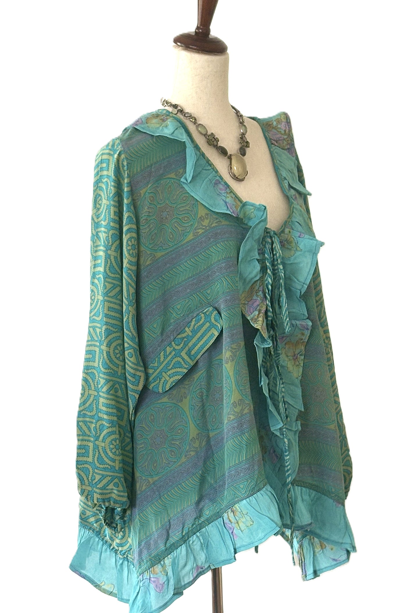 Kantha Bae Crepe Sari Ruffle Daisy Blouse (Aqua Mint).