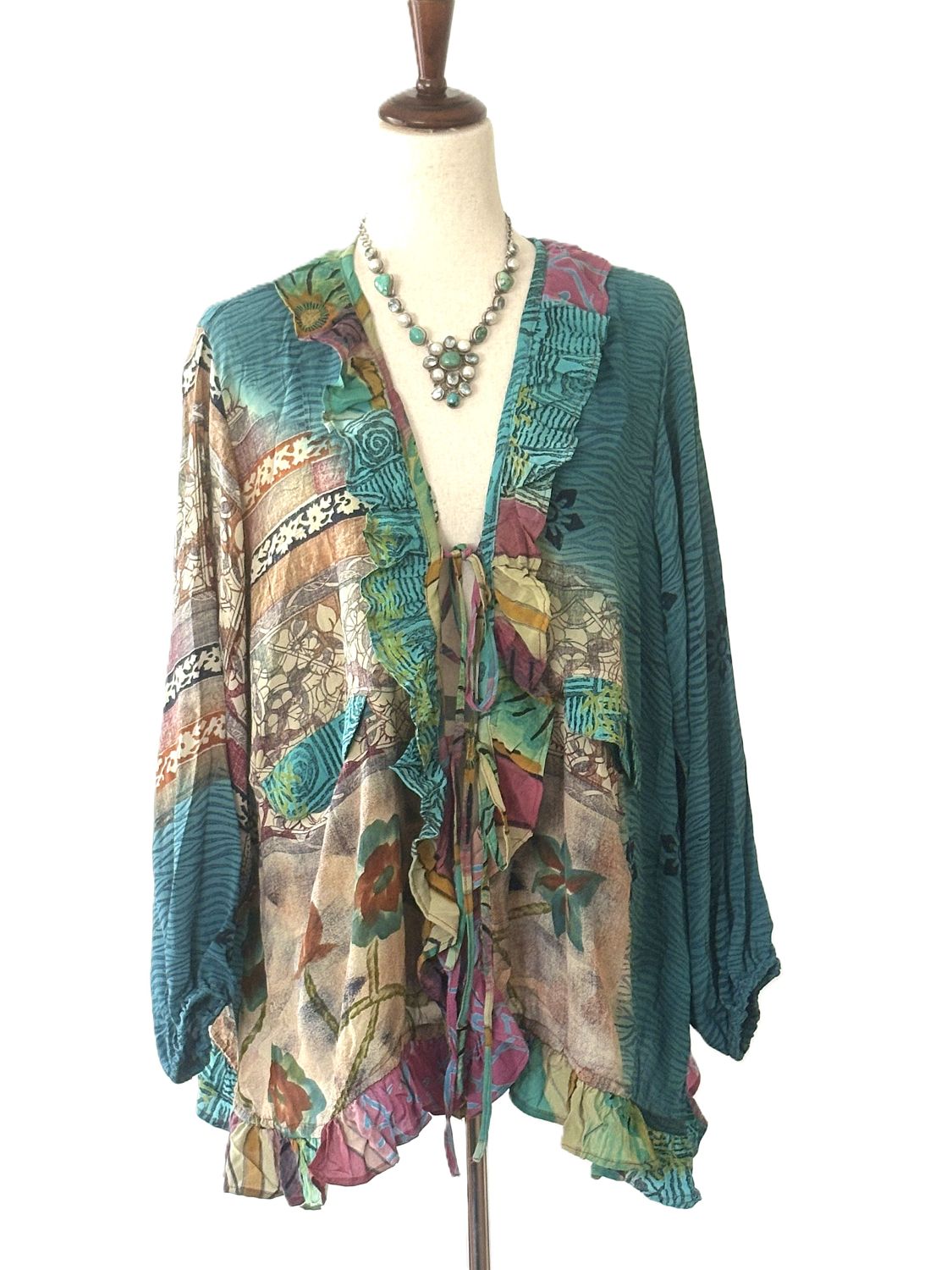 Kantha Bae Crepe Sari Ruffle Daisy Blouse (Aqua)