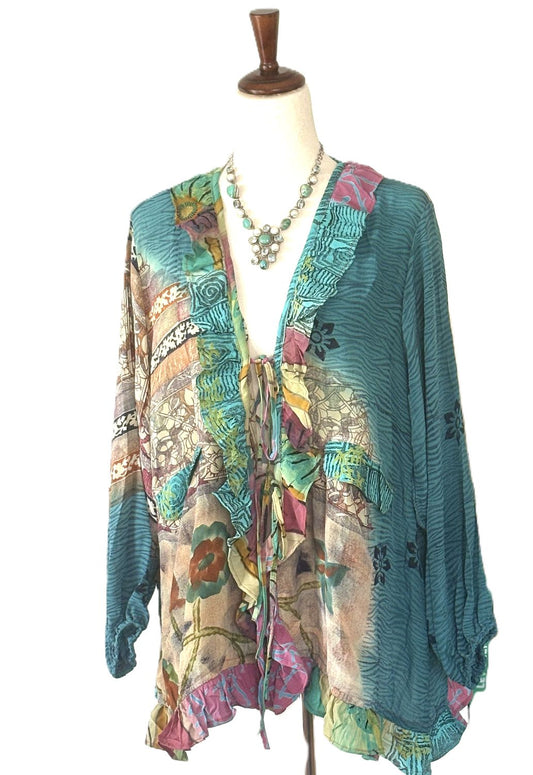 Kantha Bae Crepe Sari Ruffle Daisy Blouse (Aqua)