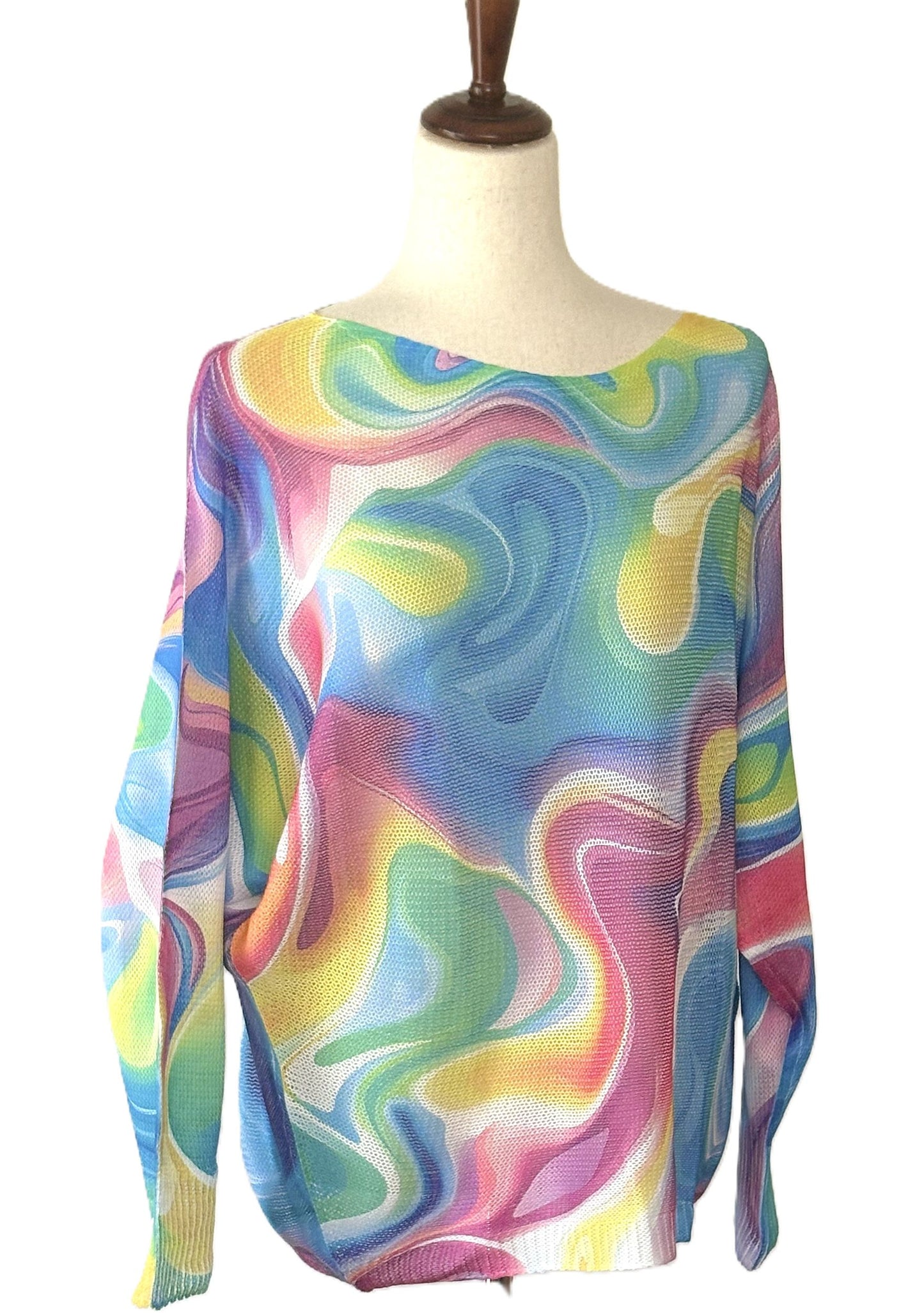 Italian Knit Sweater: Multi Colored Wavy Print, Resort Colors