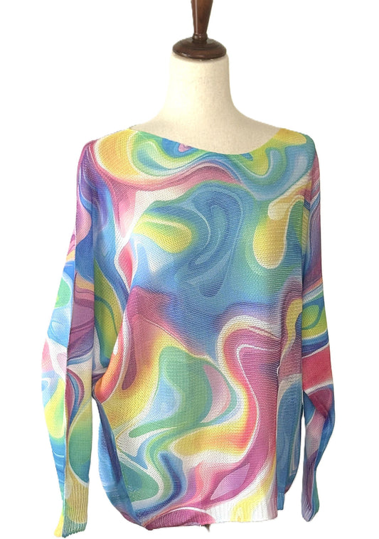 Italian Knit Sweater: Multi Colored Wavy Print, Resort Colors