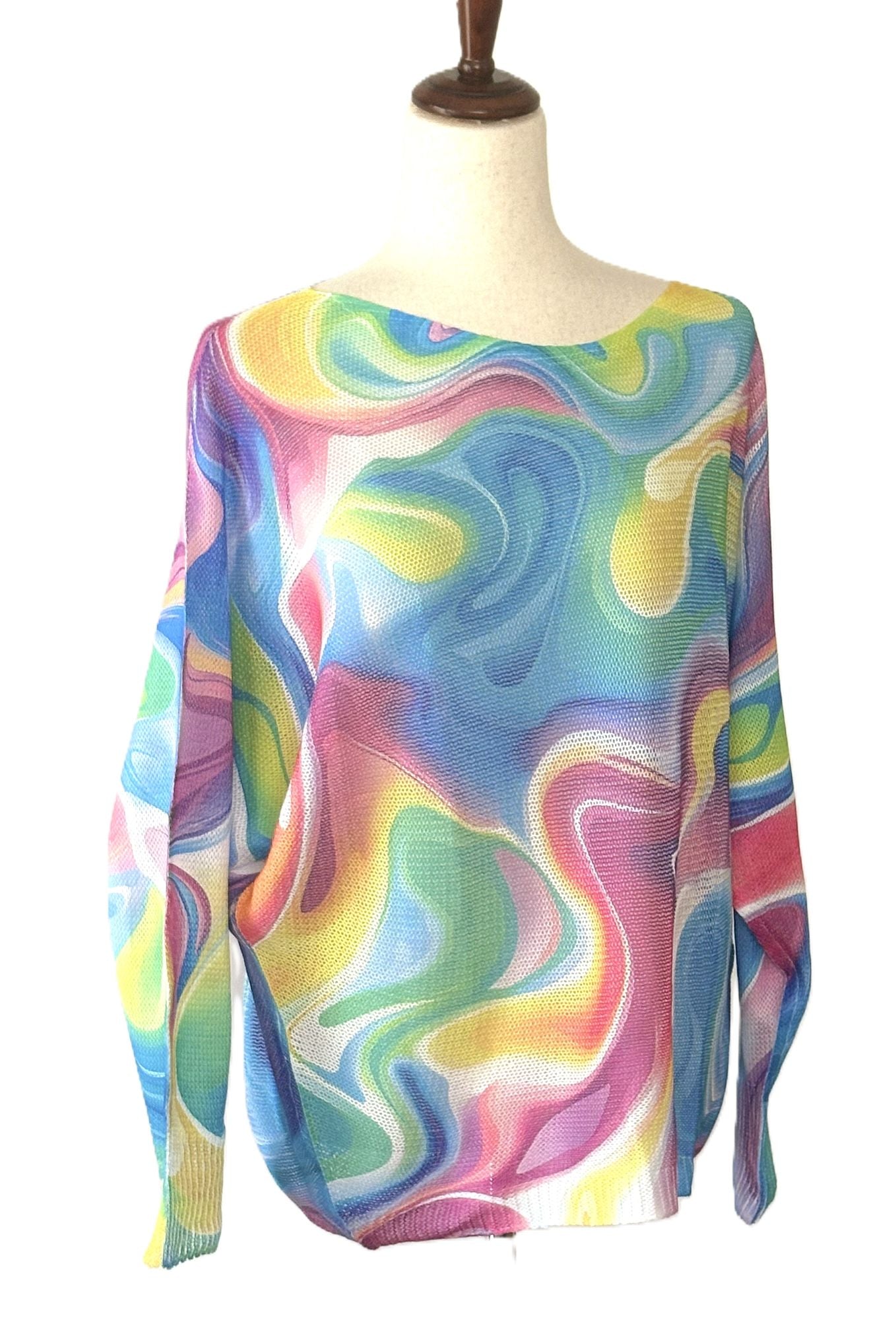 Italian Knit Sweater: Multi Colored Wavy Print, Resort Colors