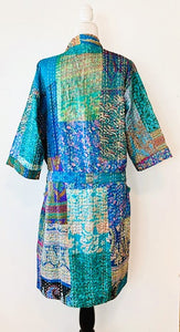 Short Patchwork Cotton and Silk Kimono With Kantha Embroidery Celebrates The Sea (blue)