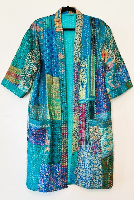 Short Patchwork Cotton and Silk Kimono With Kantha Embroidery Celebrates The Sea (blue)