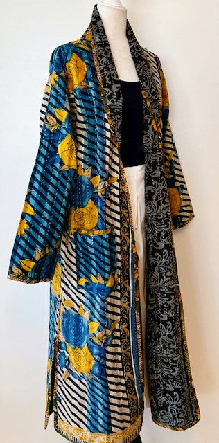 Full Length Reversible Duster Kimono Coat In Bold Block Print