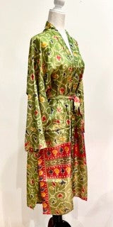 Silk Kimono Duster Mixed Print (Holiday Green)