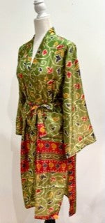 Silk Kimono Duster Mixed Print (Holiday Green)