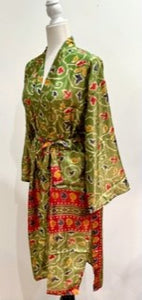 Silk Kimono Duster Mixed Print (Holiday Green)