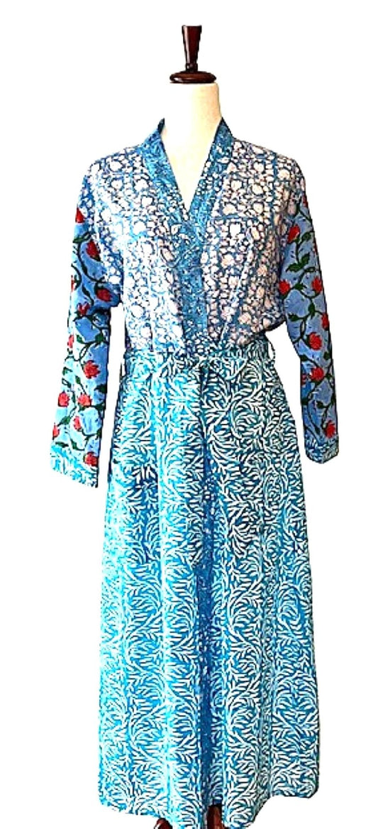 Hand Block Printed Cotton Kimono Crossover. Beautiful Blues.