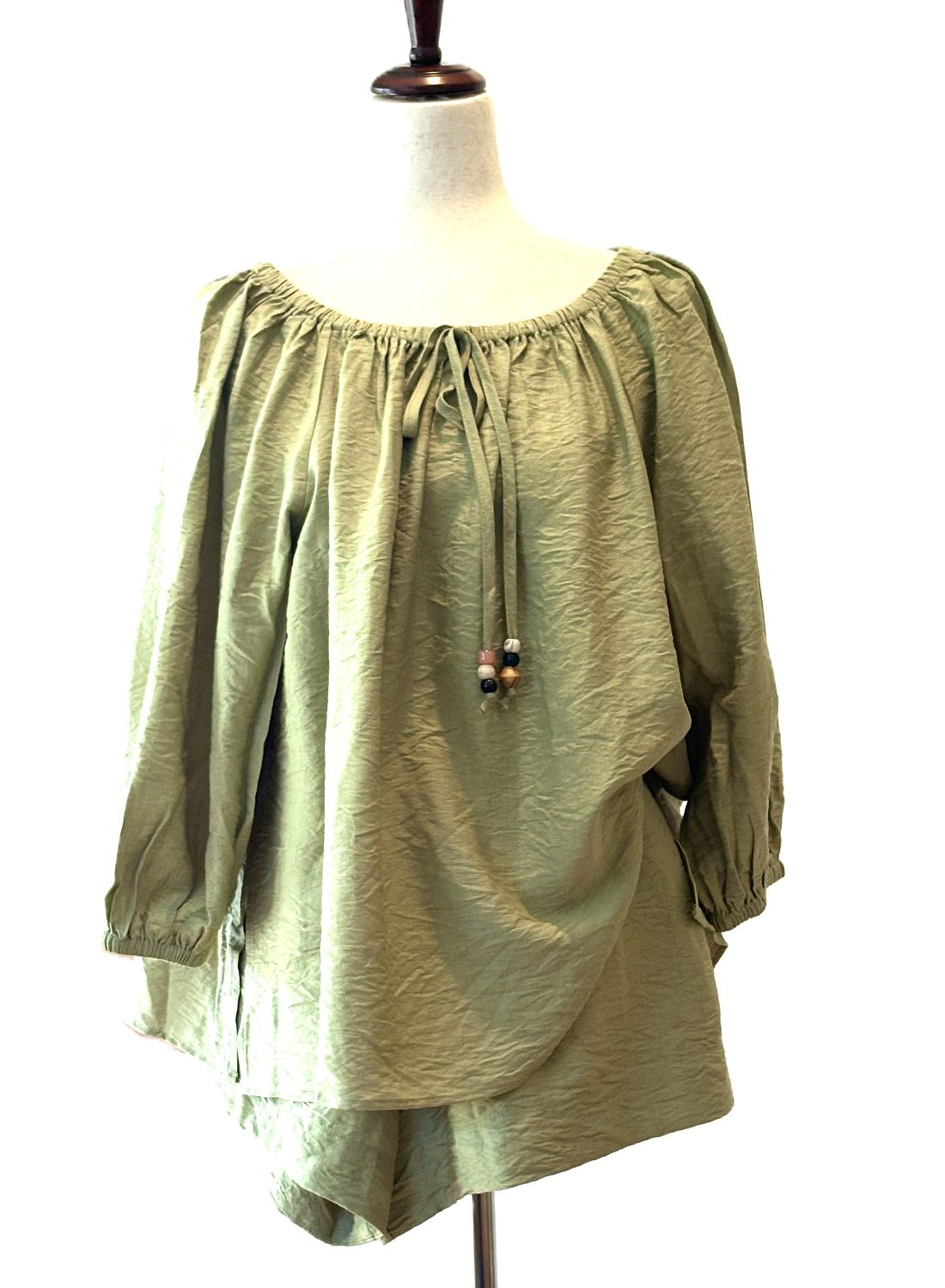 Short Sets, 2 Piece Set With A Tunnel Neck, Wooden Beads, Matching Shorts (Avocado)