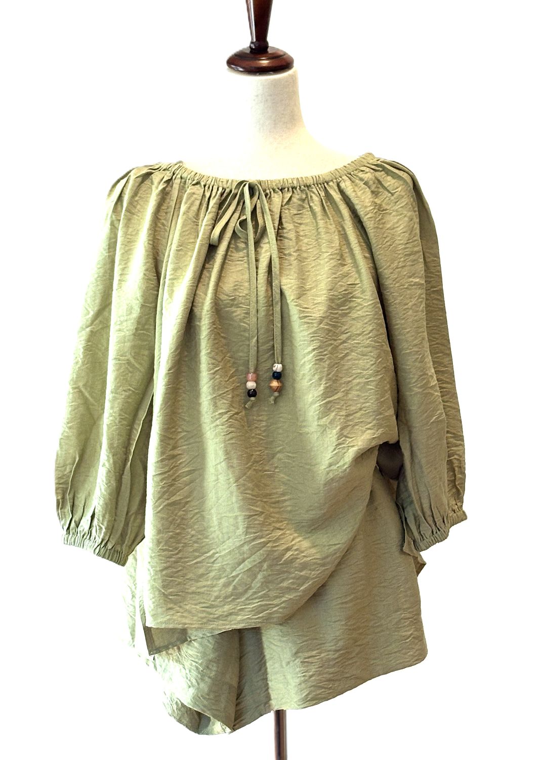 Short Sets, 2 Piece Set With A Tunnel Neck, Wooden Beads, Matching Shorts (Avocado)