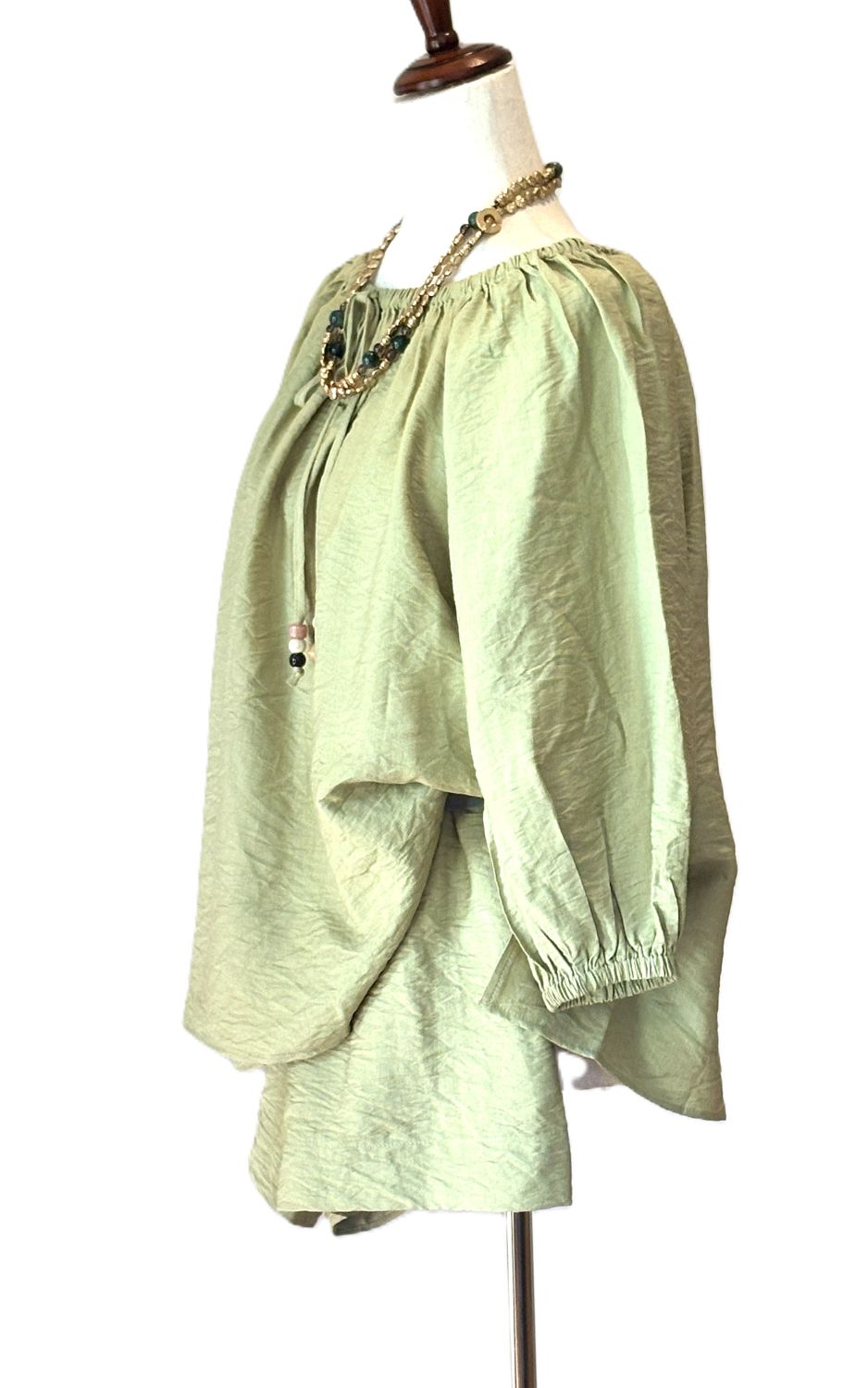 Short Sets, 2 Piece Set With A Tunnel Neck, Wooden Beads, Matching Shorts (Avocado)