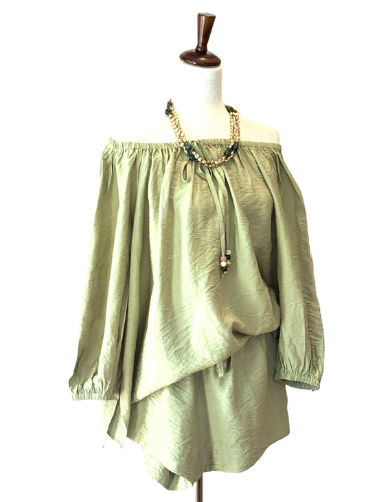 Short Sets, 2 Piece Set With A Tunnel Neck, Wooden Beads, Matching Shorts (Avocado)