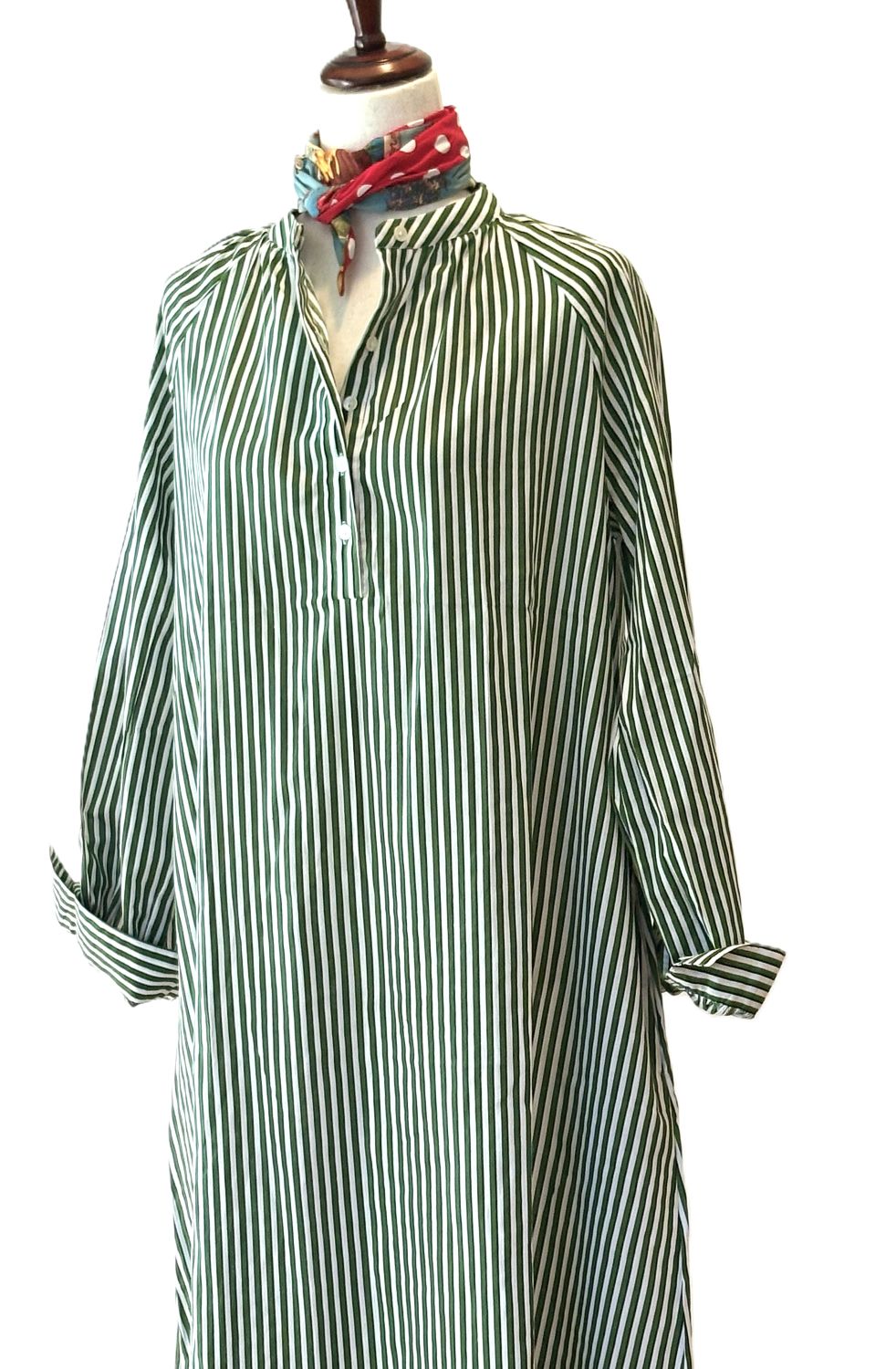 Hand Block Printed Cotton Shirtdress: Vertical Stripes, Work-to-Play Midi (Green Stripe)