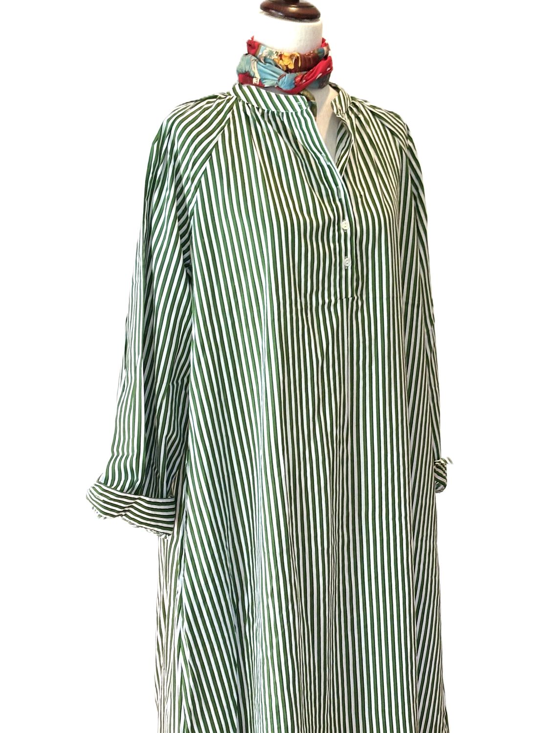 Hand Block Printed Cotton Shirtdress: Vertical Stripes, Work-to-Play Midi (Green Stripe)
