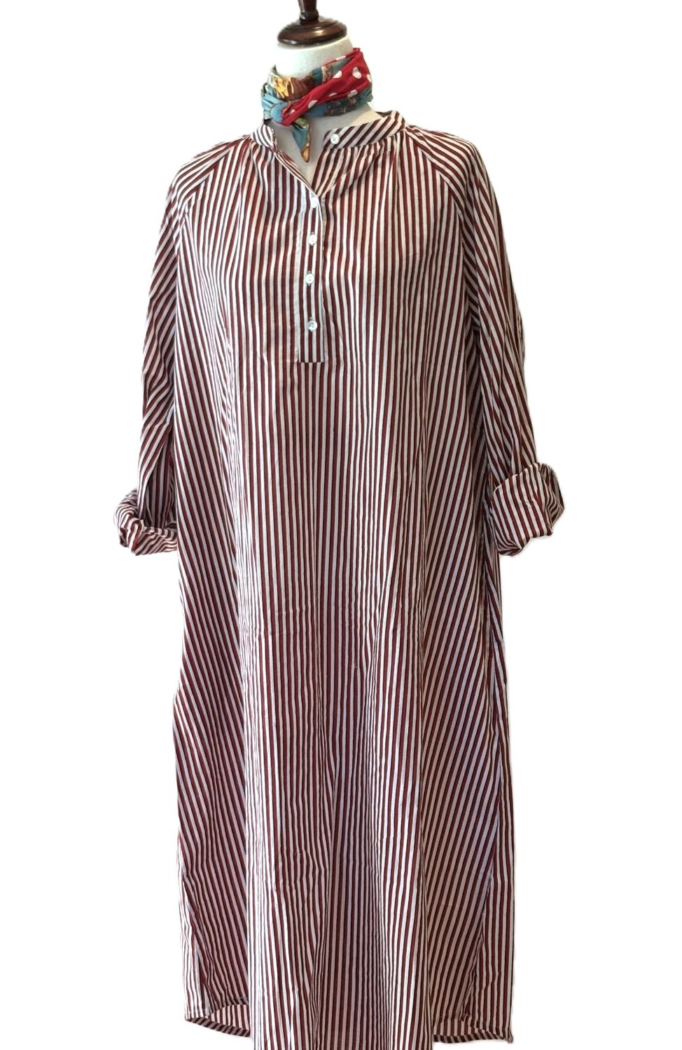 Hand Block Printed Cotton Shirtdress: Vertical Stripes, Work-to-Play Midi (Red Stripe).
